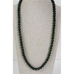 Vintage Dark Green Jade Beaded Necklace 24 In 8mm Barrel Clasp